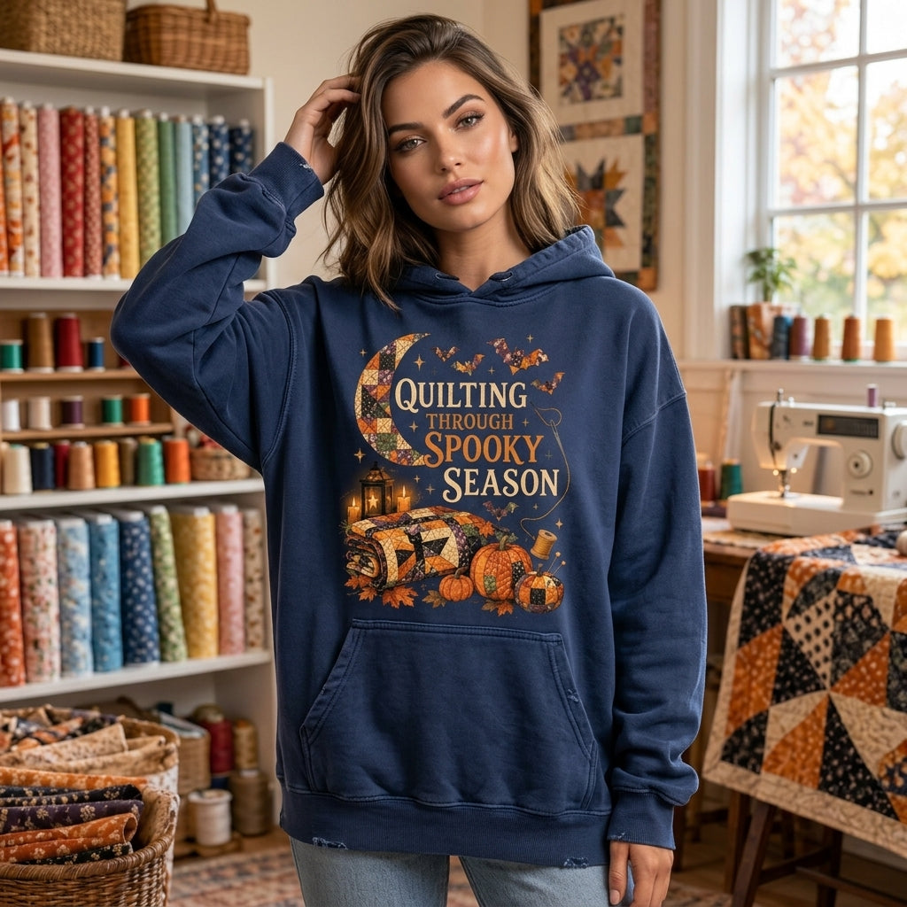 Quilting Through Spooky Season T-shirt Sweatshirt Hoodie – Halloween Quilter Gift - mockup 3