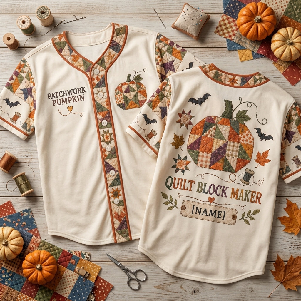Personalized Patchwork Pumpkin Quilt Block Baseball Jersey - Custom Quilter Gift - mockup 1