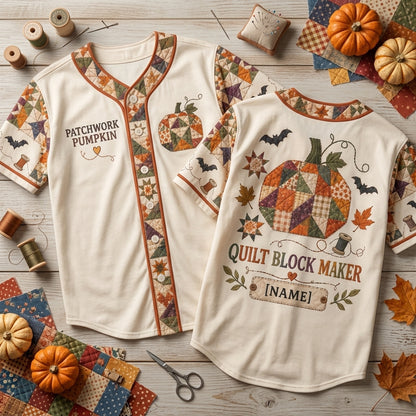 Personalized Patchwork Pumpkin Quilt Block Baseball Jersey - Custom Quilter Gift - mockup 1