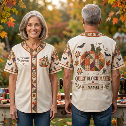 Personalized Patchwork Pumpkin Quilt Block Baseball Jersey - Custom Quilter Gift - mockup 2