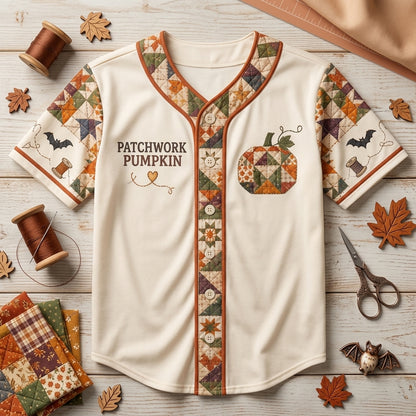 Personalized Patchwork Pumpkin Quilt Block Baseball Jersey - Custom Quilter Gift - mockup 3