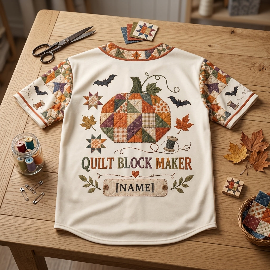 Personalized Patchwork Pumpkin Quilt Block Baseball Jersey - Custom Quilter Gift - mockup 4