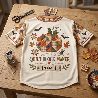 Personalized Patchwork Pumpkin Quilt Block Baseball Jersey - Custom Quilter Gift - mockup 4