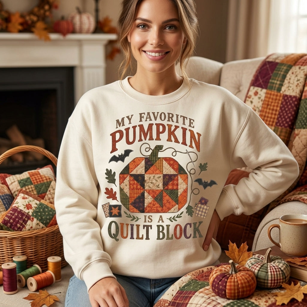 My Favorite Pumpkin Is A Quilt Block T-Shirt Sweatshirt Hoodie – Fall Quilting Gift - mockup 2
