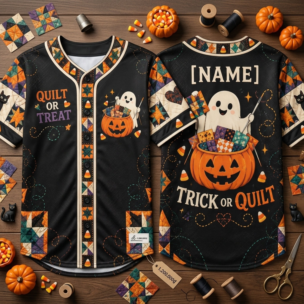 Personalized Quilt or Treat Halloween Ghost Baseball Jersey – Fun Quilting Gift for Women and Men - mockup 1