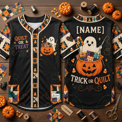 Personalized Quilt or Treat Halloween Ghost Baseball Jersey – Fun Quilting Gift for Women and Men - mockup 1