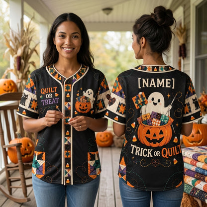 Personalized Quilt or Treat Halloween Ghost Baseball Jersey – Fun Quilting Gift for Women and Men - mockup 2