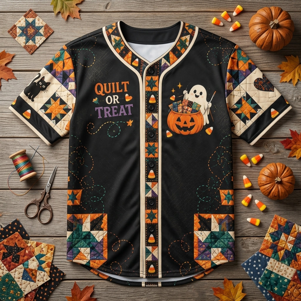 Personalized Quilt or Treat Halloween Ghost Baseball Jersey – Fun Quilting Gift for Women and Men - mockup 3