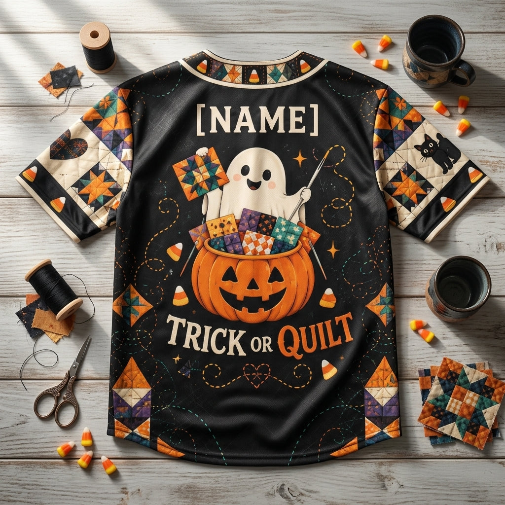 Personalized Quilt or Treat Halloween Ghost Baseball Jersey – Fun Quilting Gift for Women and Men - mockup 4