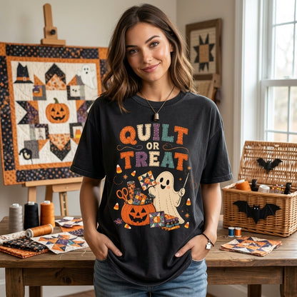 Quilt or Treat Halloween Ghost T-shirt Sweatshirt Hoodie – Cute Quilting Gift - mockup 1