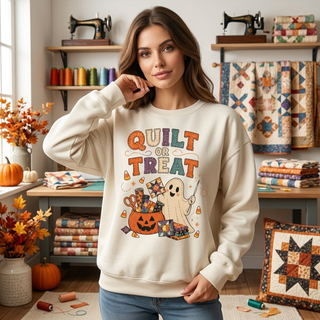 Quilt or Treat Halloween Ghost T-shirt Sweatshirt Hoodie – Cute Quilting Gift - mockup 2