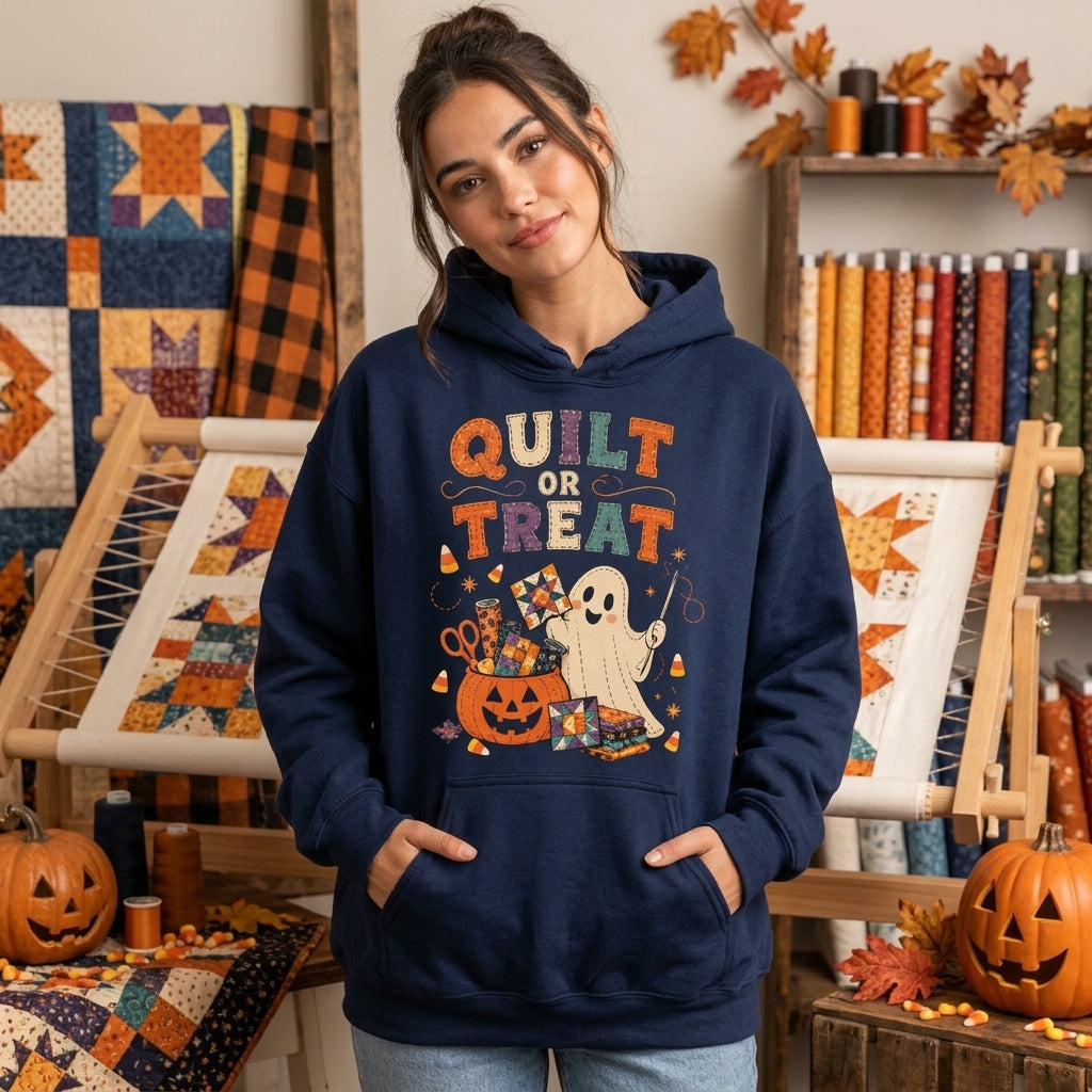Quilt or Treat Halloween Ghost T-shirt Sweatshirt Hoodie – Cute Quilting Gift - mockup 3