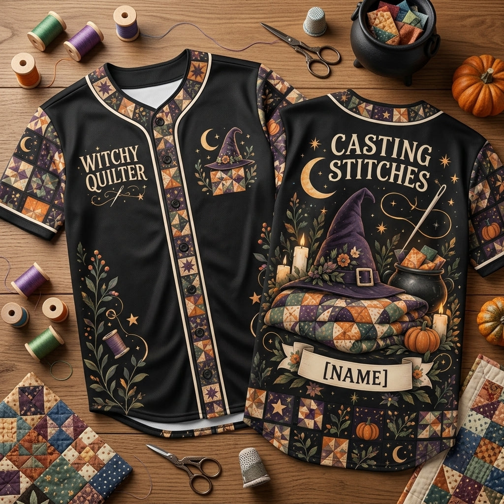 Personalized Witchy Quilter Baseball Jersey – Custom Casting Stitches Gift - mockup 1