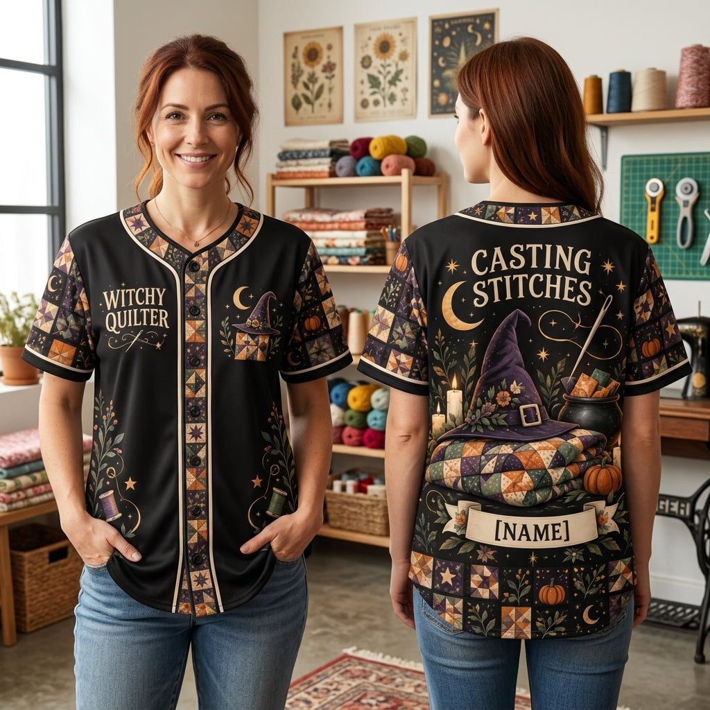 Personalized Witchy Quilter Baseball Jersey – Custom Casting Stitches Gift - mockup 2