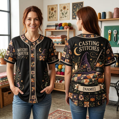 Personalized Witchy Quilter Baseball Jersey – Custom Casting Stitches Gift - mockup 2