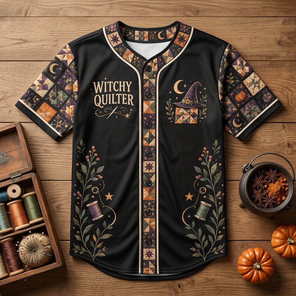 Personalized Witchy Quilter Baseball Jersey – Custom Casting Stitches Gift - mockup 3