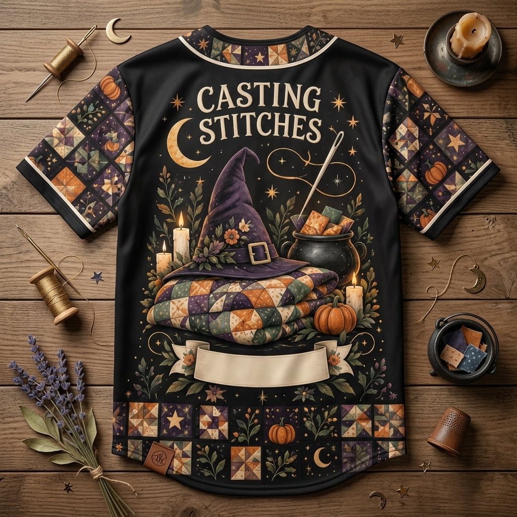 Personalized Witchy Quilter Baseball Jersey – Custom Casting Stitches Gift - mockup 4