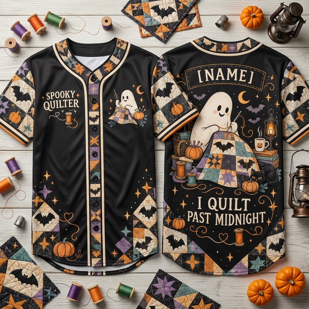 Personalized Spooky Quilter Ghost Halloween Baseball Jersey – Gift for Quilting Fans - mockup 1