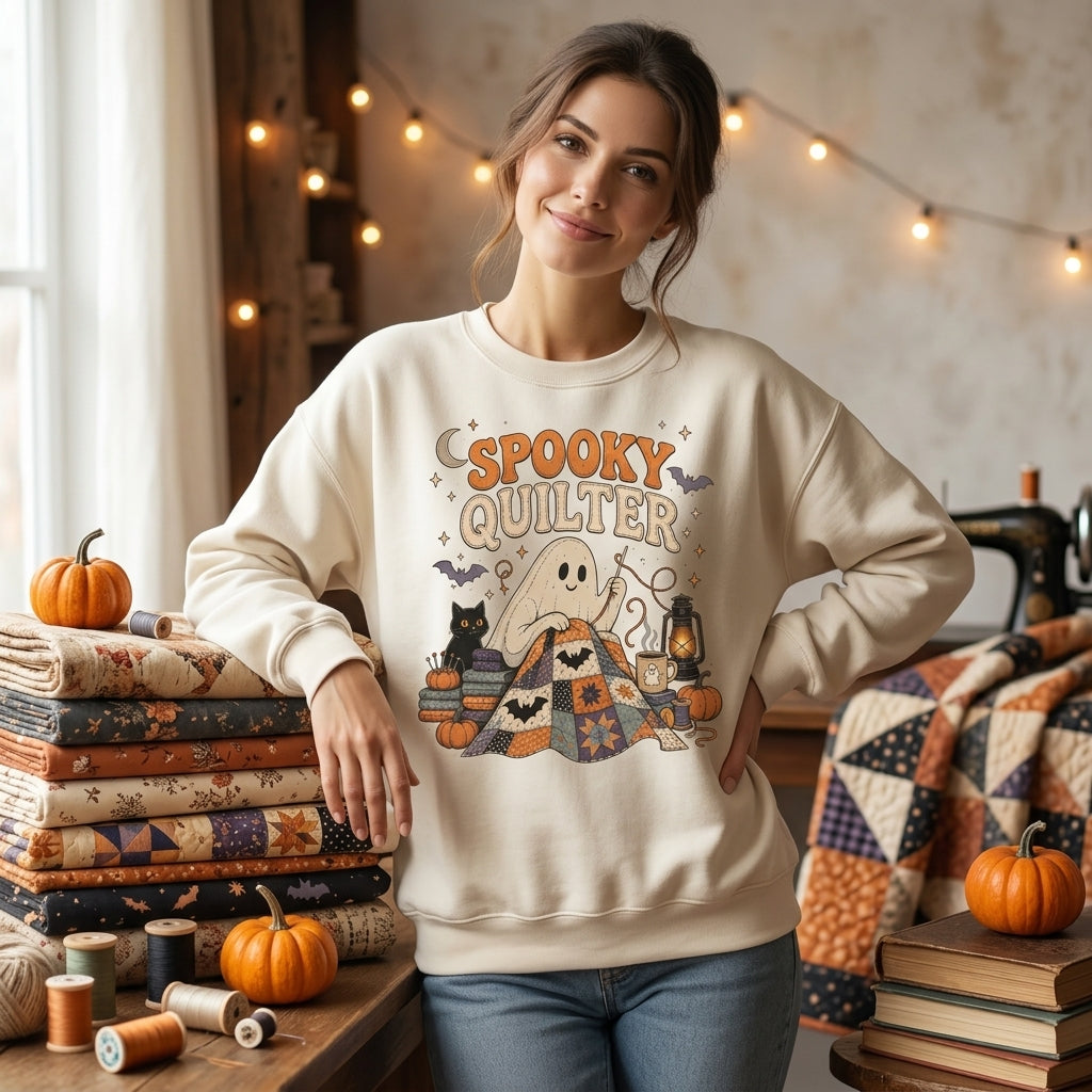 Spooky Quilter Ghost Sewing Halloween T-shirt Sweatshirt Hoodie – Gift for Quilters - mockup 2