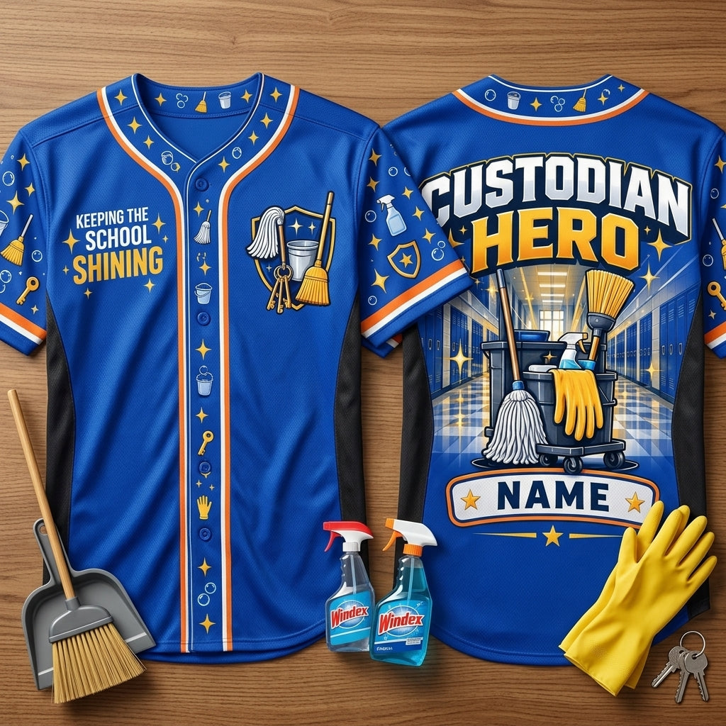 Custom School Custodian Hero Baseball Jersey - Personalized Cleaning Staff Uniform - mockup 1