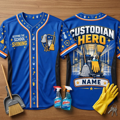 Custom School Custodian Hero Baseball Jersey - Personalized Cleaning Staff Uniform - mockup 1