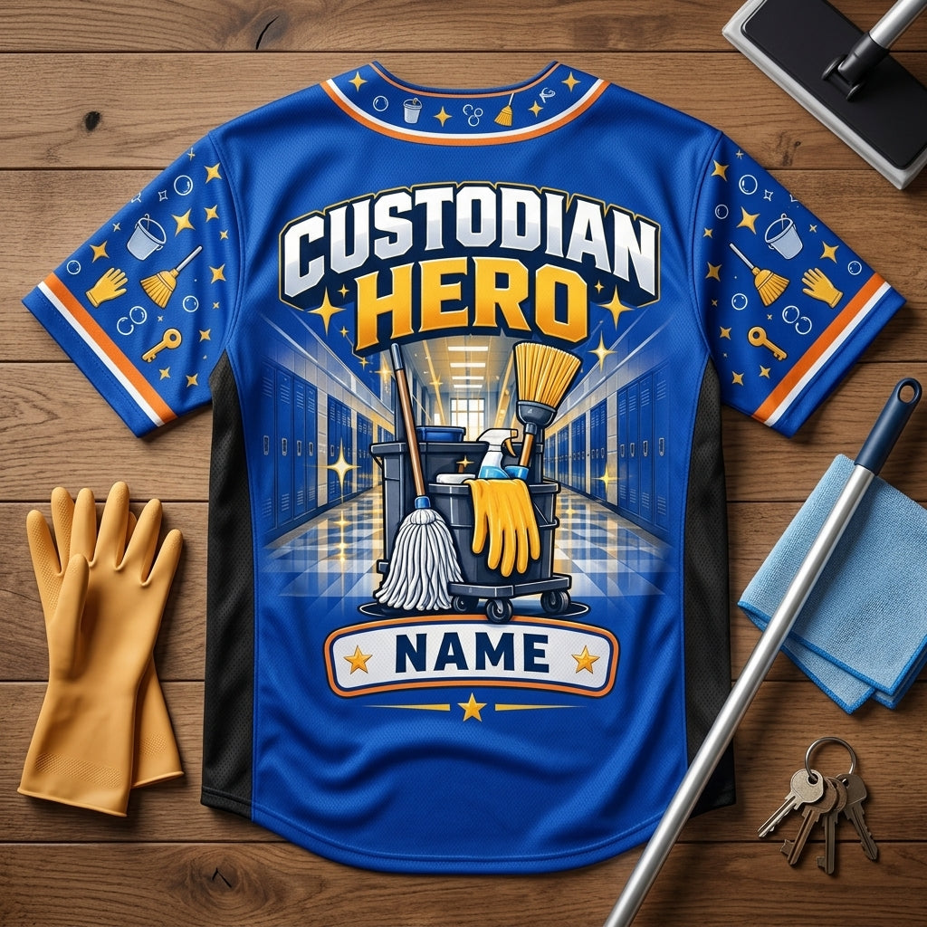 Custom School Custodian Hero Baseball Jersey - Personalized Cleaning Staff Uniform - mockup 5