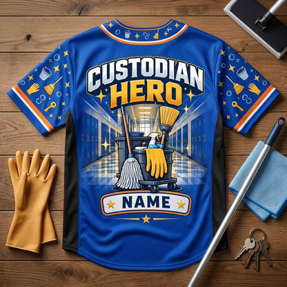Custom School Custodian Hero Baseball Jersey - Personalized Cleaning Staff Uniform - mockup 5