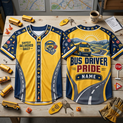 Custom School Bus Driver Pride Baseball Jersey with Name - Safely Delivered Daily - mockup 1