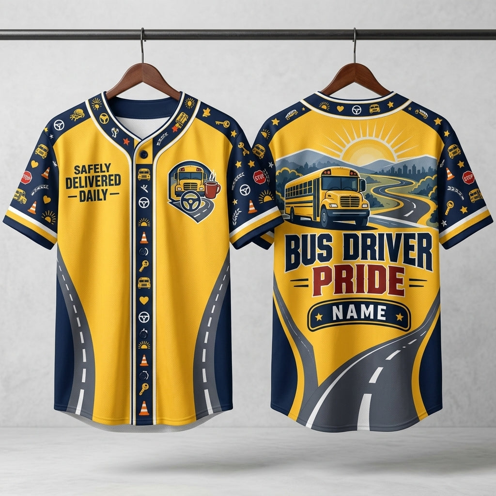 Custom School Bus Driver Pride Baseball Jersey with Name - Safely Delivered Daily - mockup 3