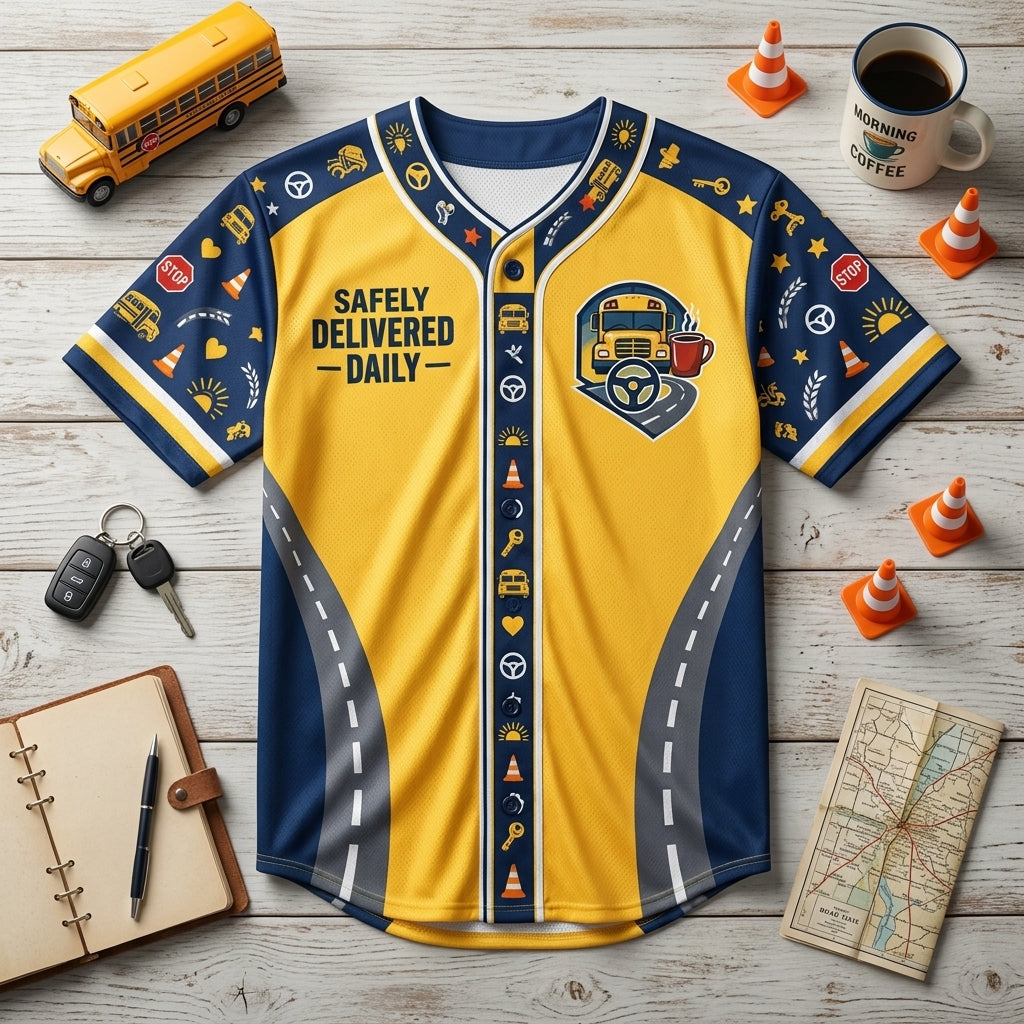 Custom School Bus Driver Pride Baseball Jersey with Name - Safely Delivered Daily - mockup 4
