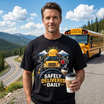 Safely Delivered Daily School Bus Driver T-shirt Sweatshirt Hoodie – Driver Appreciation Gift - mockup 1