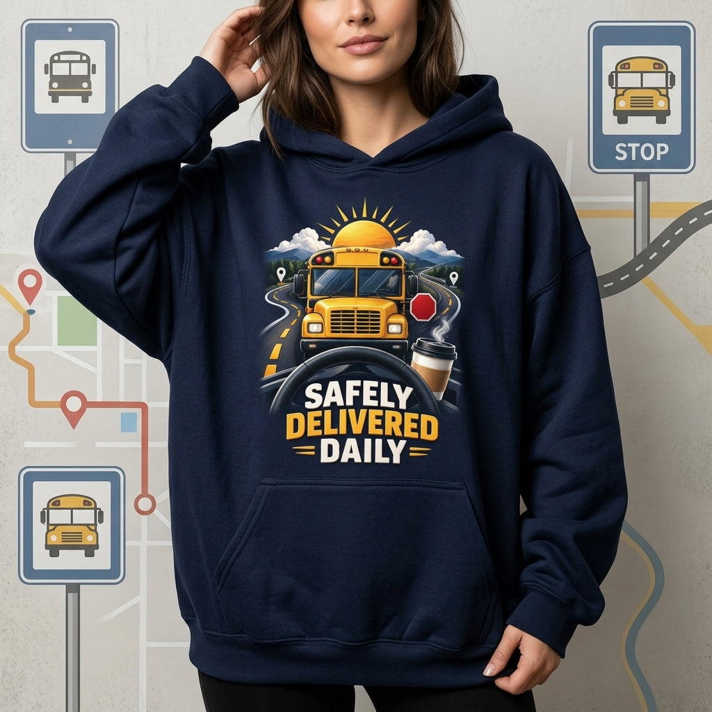 Safely Delivered Daily School Bus Driver T-shirt Sweatshirt Hoodie – Driver Appreciation Gift - mockup 3