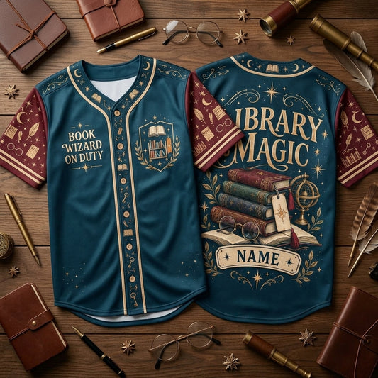 Personalized School Librarian Library Magic Baseball Jersey - Book Wizard Gift - mockup 1