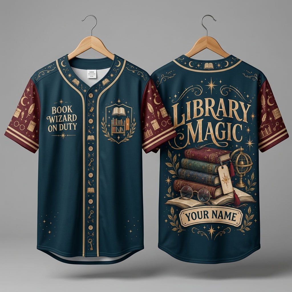 Personalized School Librarian Library Magic Baseball Jersey - Book Wizard Gift - mockup 3