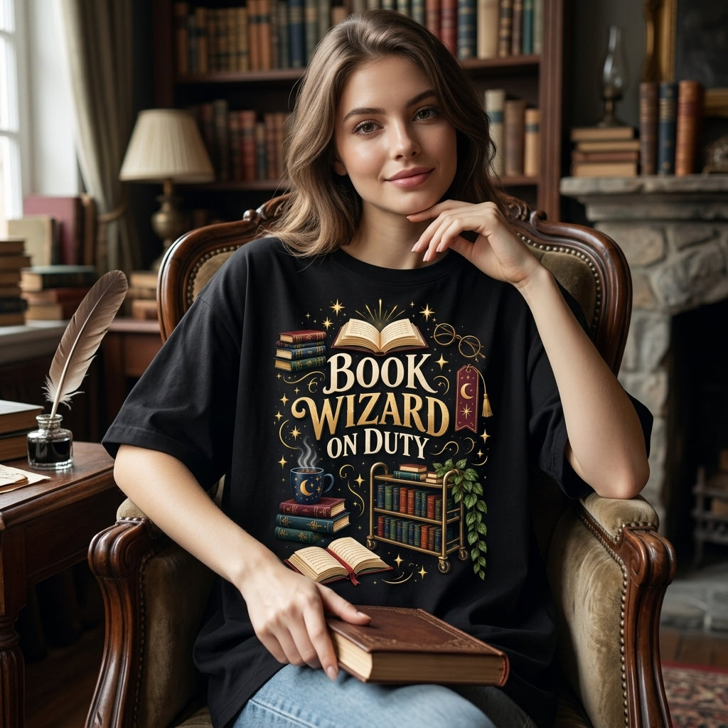 Book Wizard On Duty School Librarian T-shirt Sweatshirt Hoodie - Magical Library Gift - mockup 1
