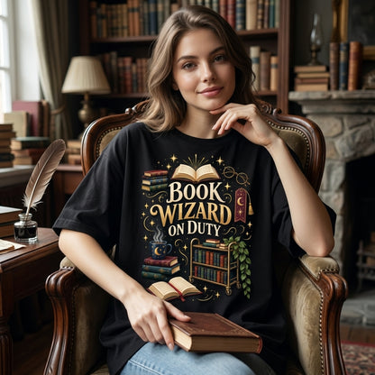 Book Wizard On Duty School Librarian T-shirt Sweatshirt Hoodie - Magical Library Gift - mockup 1