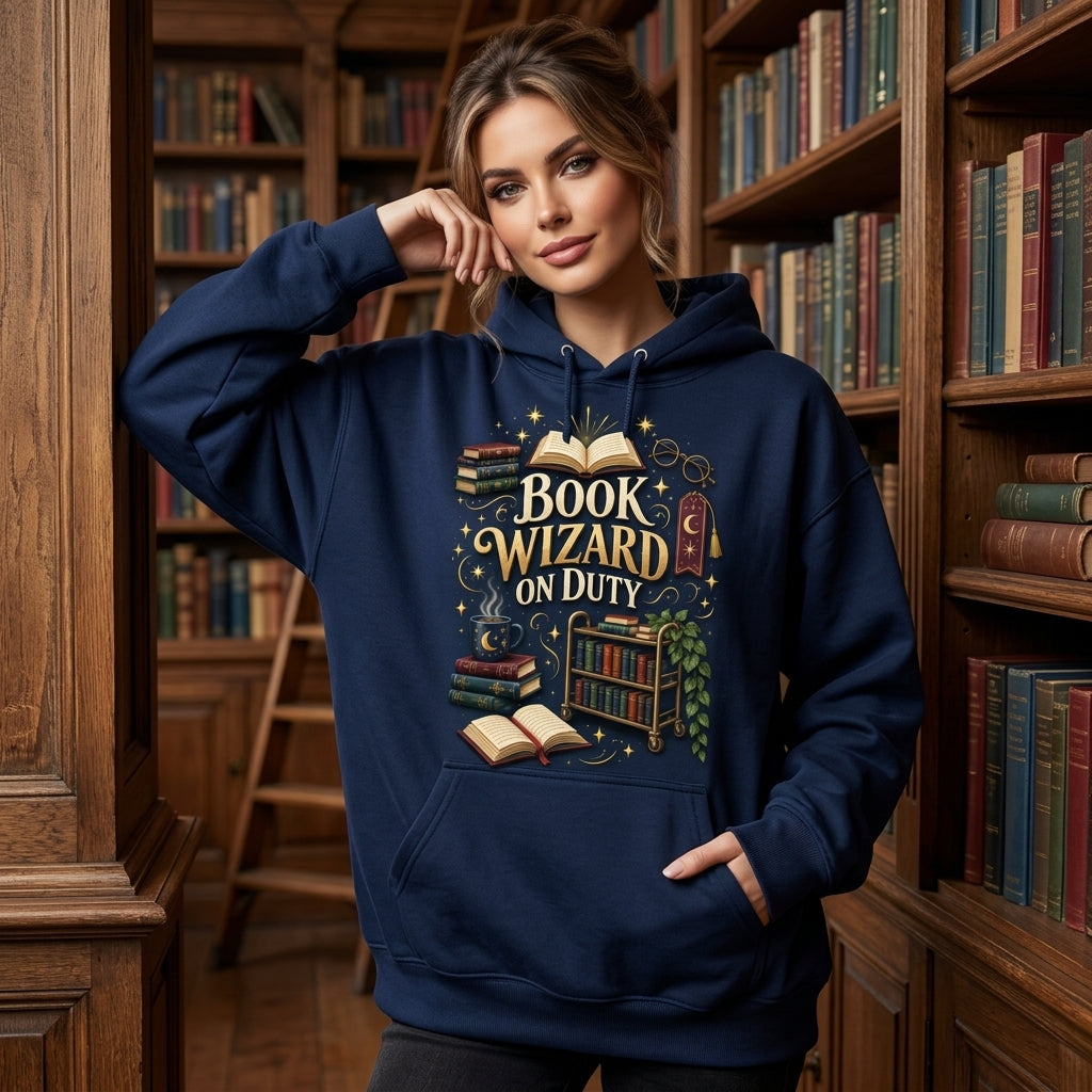 Book Wizard On Duty School Librarian T-shirt Sweatshirt Hoodie - Magical Library Gift - mockup 3