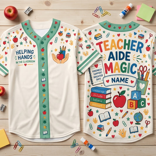 Personalized Teacher Aide Magic Baseball Jersey - Helping Hands Classroom Apparel - mockup 1