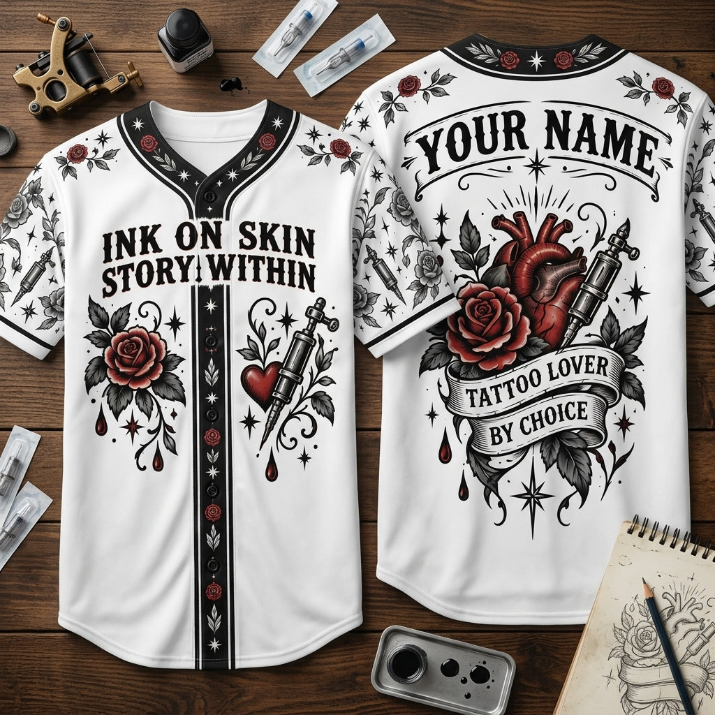 Custom Tattoo Lover Ink On Skin Baseball Jersey - Personalized Name Gift - mockup 1
