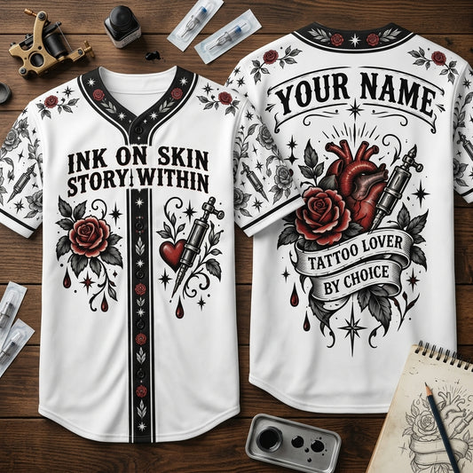 Custom Tattoo Lover Ink On Skin Baseball Jersey - Personalized Name Gift - mockup 1