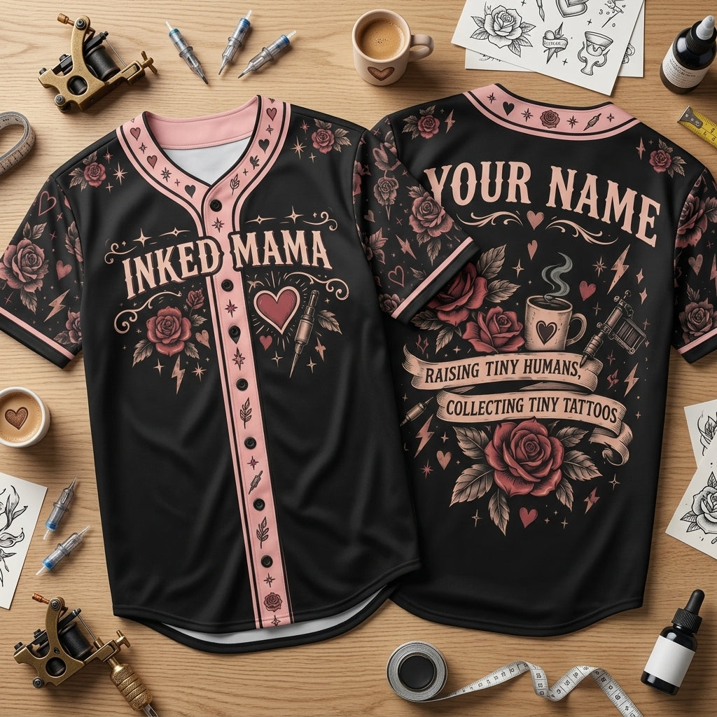 Custom Inked Mama Baseball Jersey - Personalized Tattoo Mom Rose Design - mockup 1