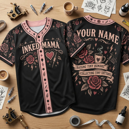 Custom Inked Mama Baseball Jersey - Personalized Tattoo Mom Rose Design - mockup 1