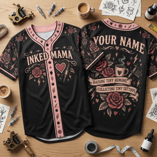 Custom Inked Mama Baseball Jersey - Personalized Tattoo Mom Rose Design - mockup 1