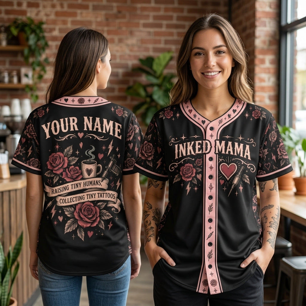 Custom Inked Mama Baseball Jersey - Personalized Tattoo Mom Rose Design - mockup 2