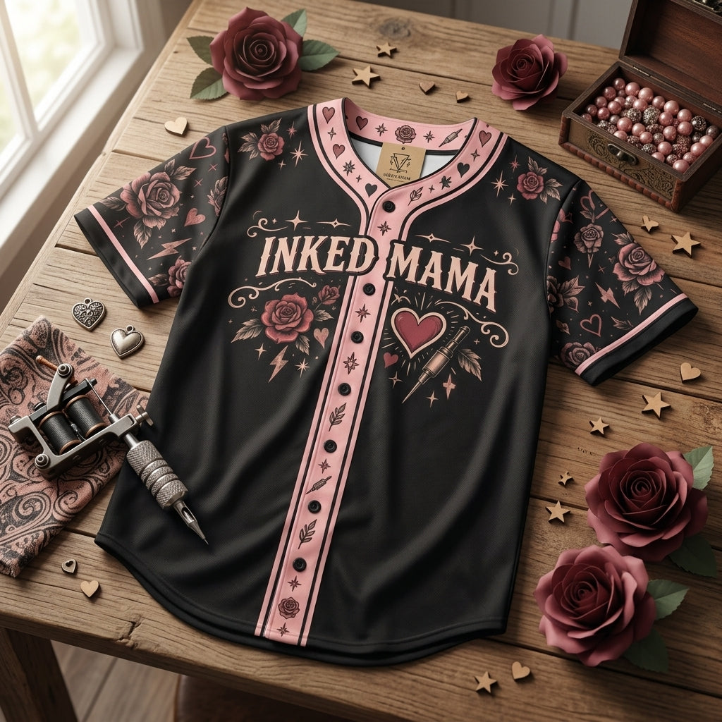 Custom Inked Mama Baseball Jersey - Personalized Tattoo Mom Rose Design - mockup 3