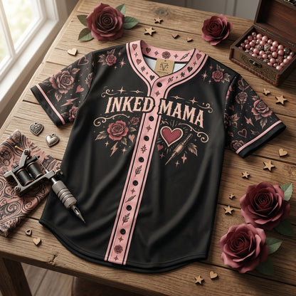 Custom Inked Mama Baseball Jersey - Personalized Tattoo Mom Rose Design - mockup 3
