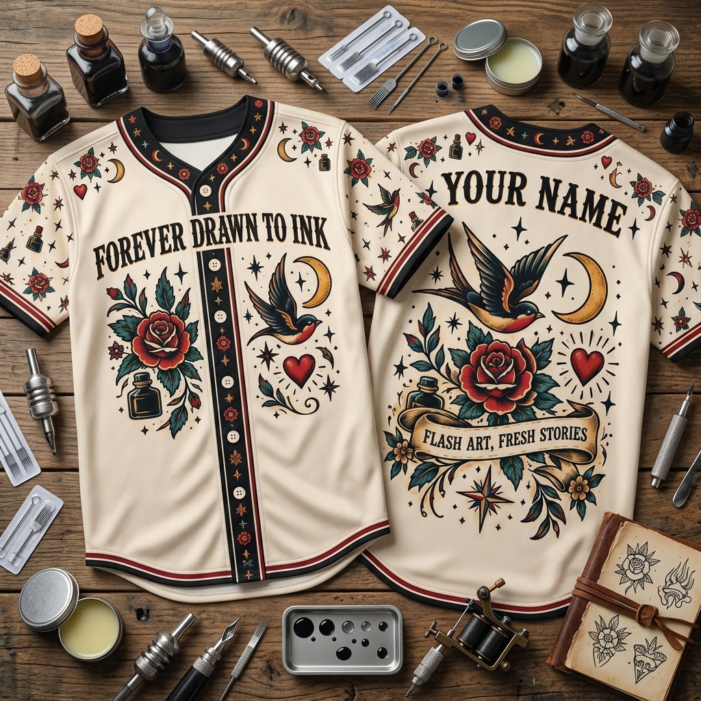 Personalized Traditional Tattoo Flash Lover Baseball Jersey – Forever Drawn to Ink - mockup 1