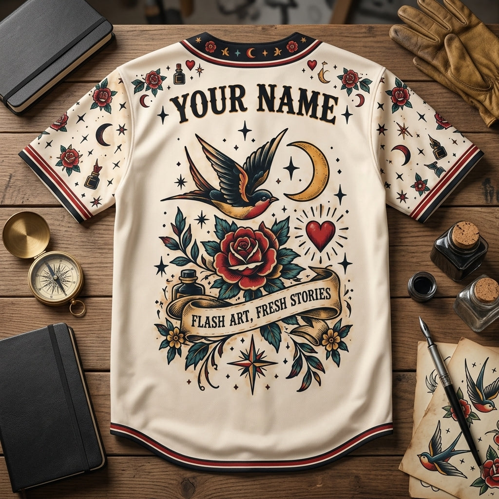 Personalized Traditional Tattoo Flash Lover Baseball Jersey – Forever Drawn to Ink - mockup 4