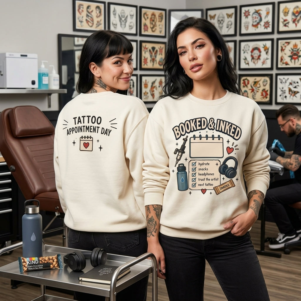 Booked & Inked Tattoo Appointment Day T-shirt Sweatshirt Hoodie for Artists & Clients - mockup 2