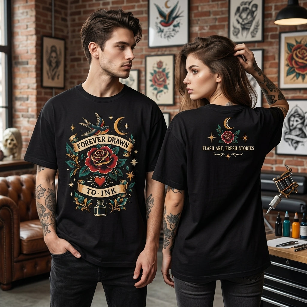 Forever Drawn To Ink Traditional Tattoo Flash Lover T-shirt Sweatshirt Hoodie - Vintage Art Gift - mockup 1